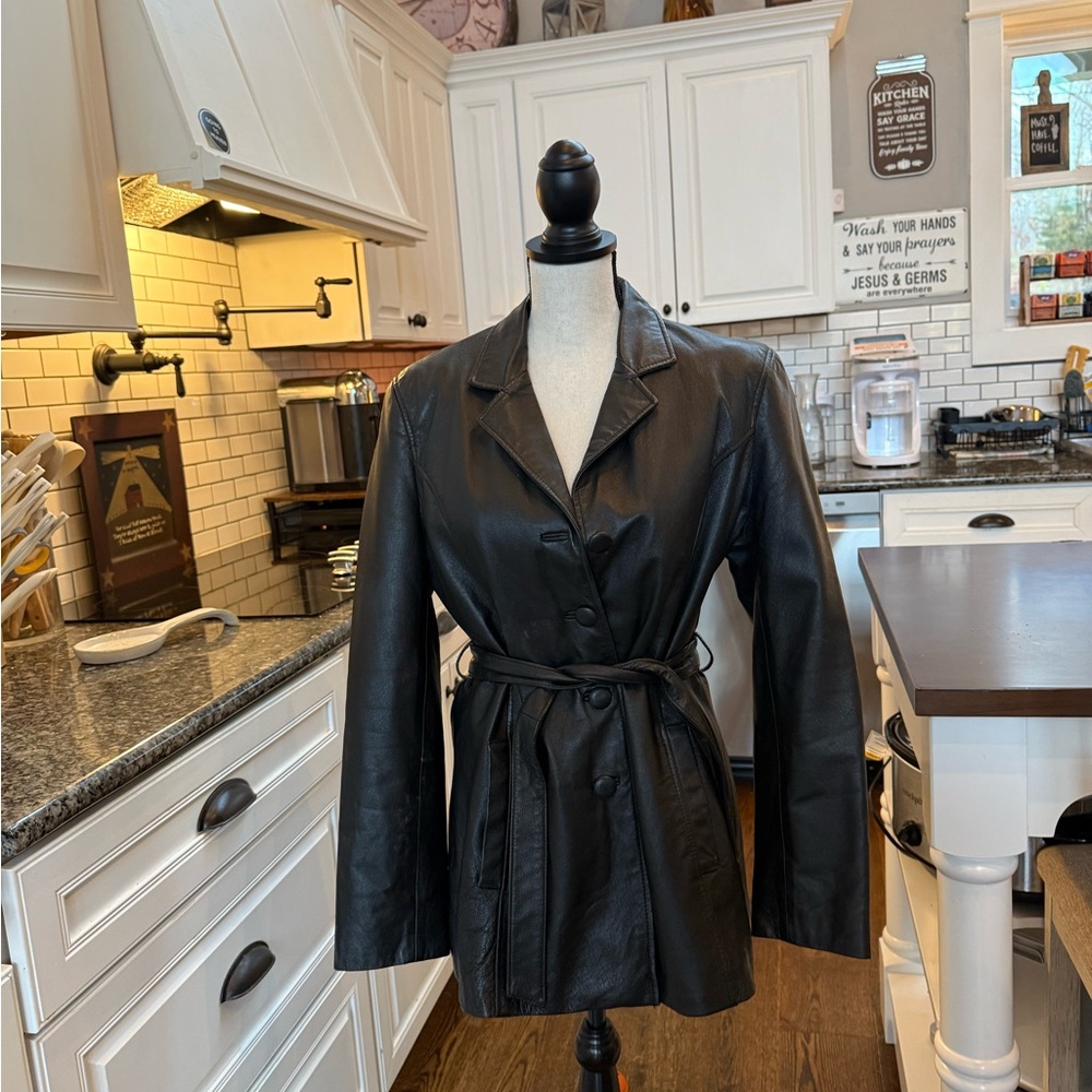 BC INTERNATIONAL WEAR - Black Leather Women's Trench Coat - Size Medium - Picture 2 of 6